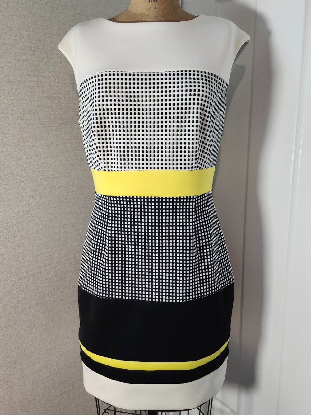 Sandra Darren White, Yellow, and Black Colorblock Dress